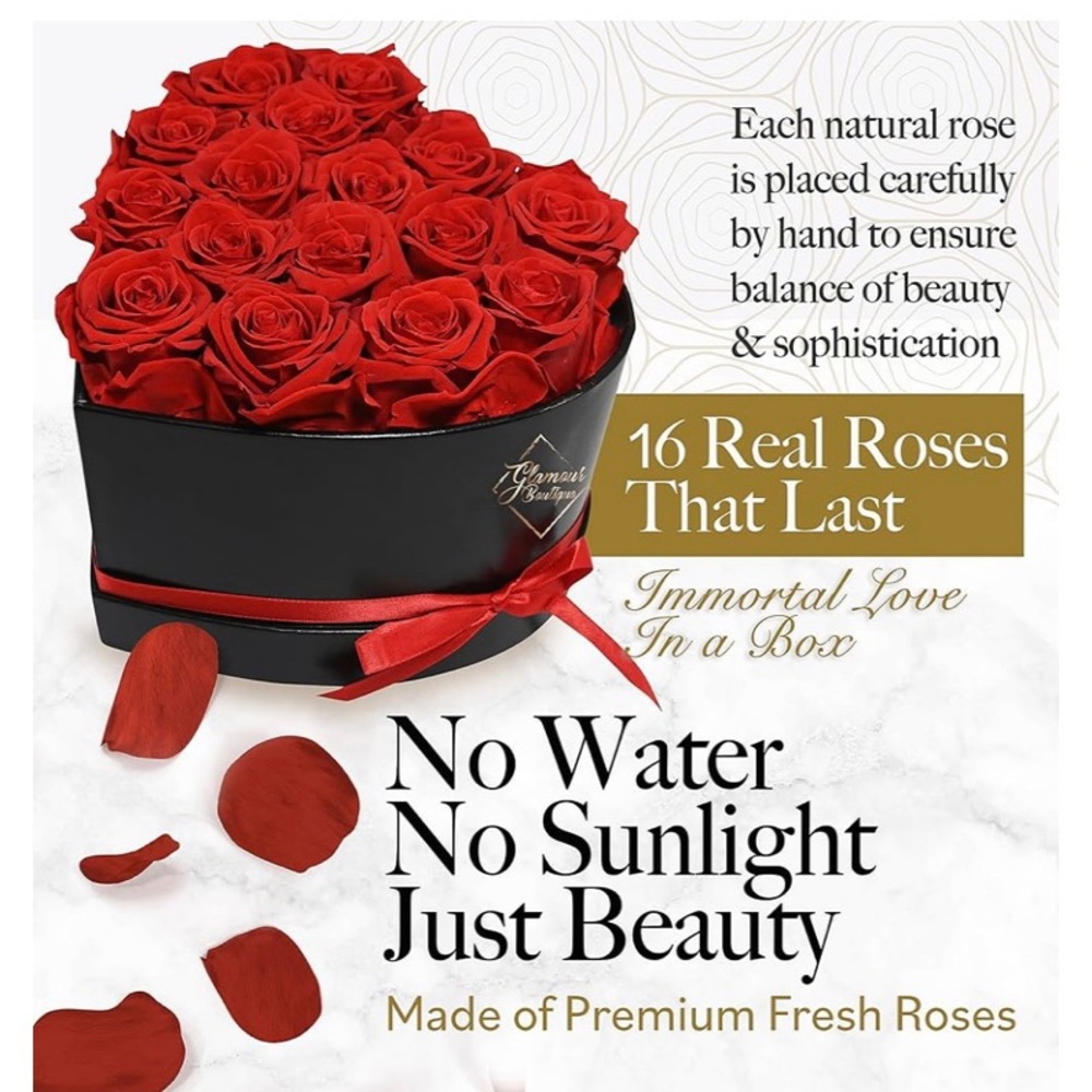 NIB Forever Red Roses For Valentines Day In A Heart-Shaped Box